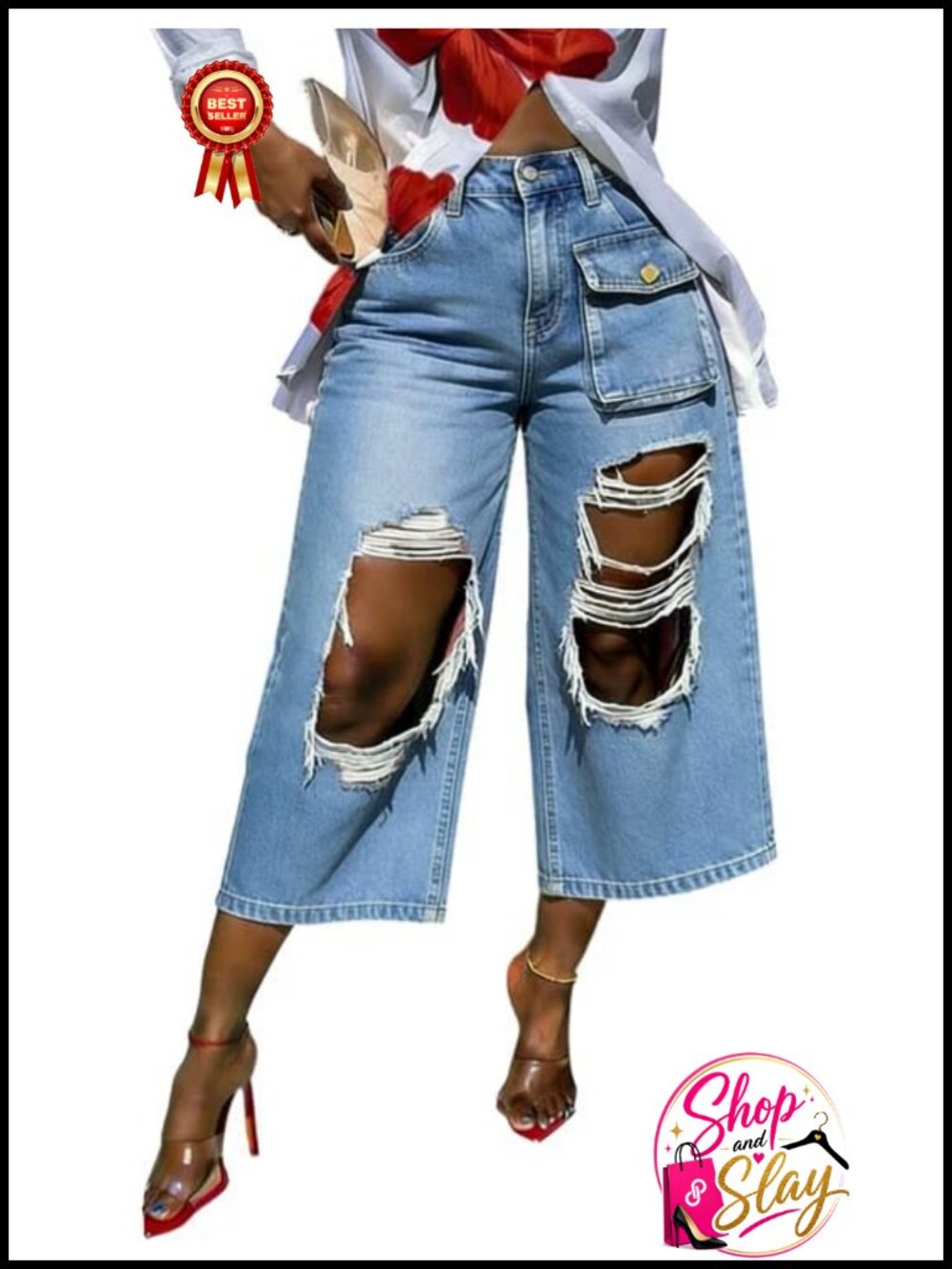 Cargo Capri Jeans Baggy Wide Leg Ripped Denim Culottes High Waisted